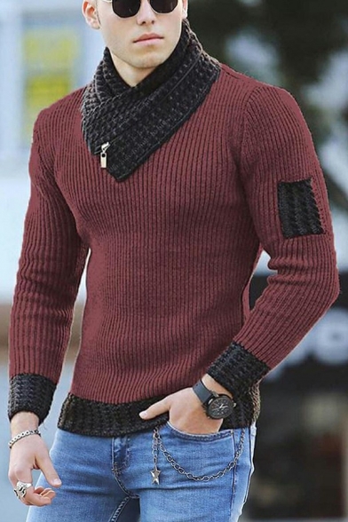 Original Guy's Sweater Color-blocking Long Sleeve Shawl Neck Slim Fitted Pullover Sweater