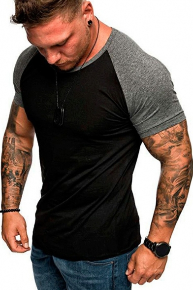 Retro T-Shirt Color Block Round Neck Short-Sleeved Slim Fit T-Shirt for Men