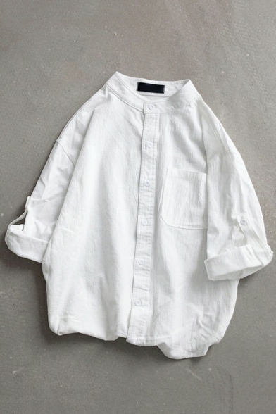 Simple Mens Shirt Plain 3/4 Sleeve Button Closure Lapel Collar Loose Fit Shirt