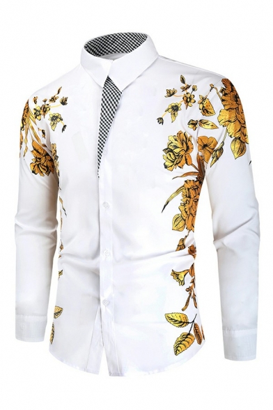 Special Shirt Flower Print Button Up Long Sleeve Slim Fit Shirt for Men