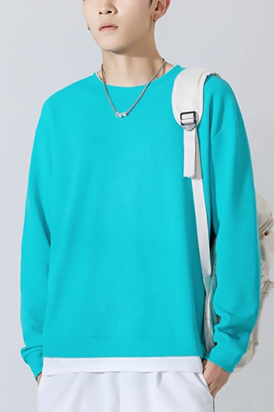 Street Look Mens Sweatshirt Solid Color Round Neck Fake Two-piece Long Sleeve Rib Cuffs Loose Fit Sweatshirt