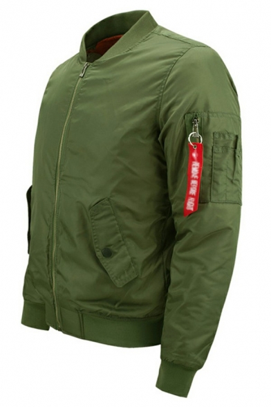 Street Style Bomber Jacket Plain Stand Collar Front Pocket Full-Zip Long-Sleeved Slim Bomber Jacket for Men