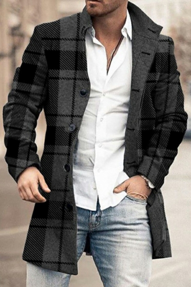Street Style Mens Pea Coat Plaid Pattern Long Sleeves Single Breast Lapel Collar Fitted Pea Coat