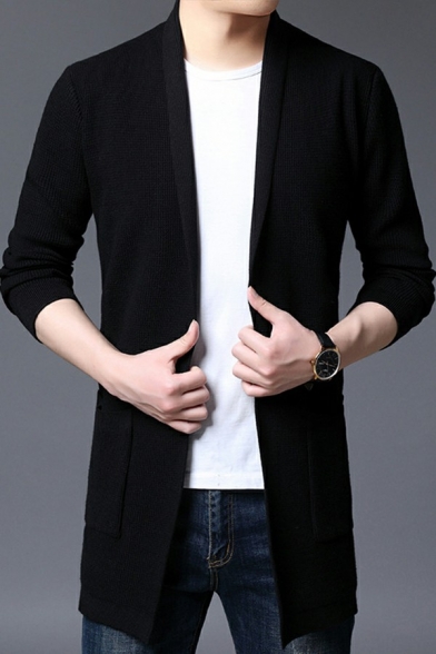 Stylish Cardigan Plain Pocket Detailed Stand Collar Long Length Long-Sleeved Relaxed Open Front Cardigan
