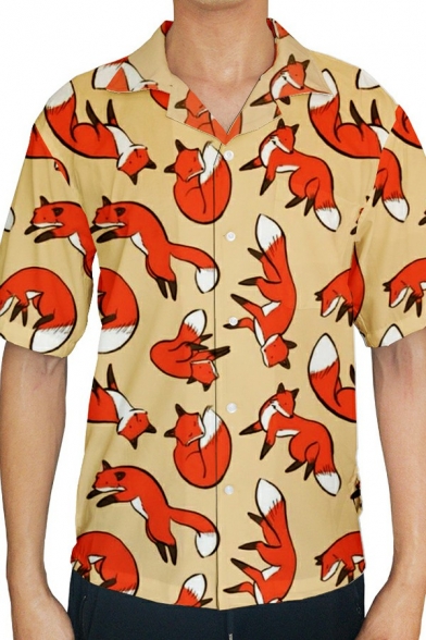 Stylish Men's Button Shirt 3D Fox Print Short Sleeves Notched Collar Regular Fit Shirt