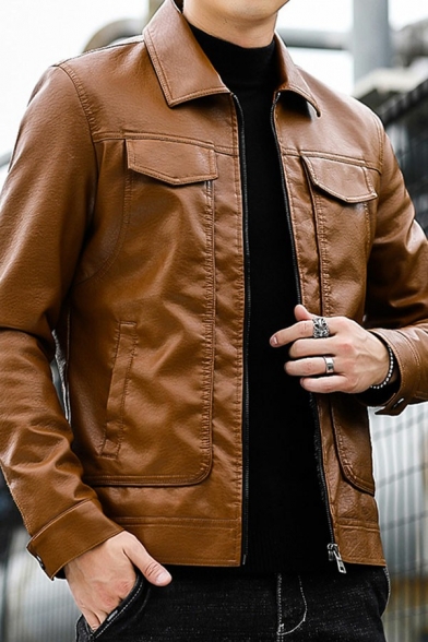 Stylish Mens Leather Jacket Pain Long-Sleeved Stand Collar Pocket Detail Zip Placket Leather Jacket