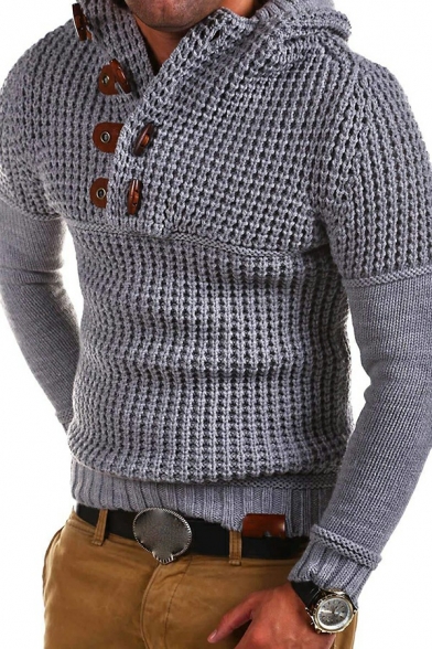 Trendy Sweater Plain Hooded Button Detailed Rib Cuffs Long-Sleeved Fitted Sweater for Men