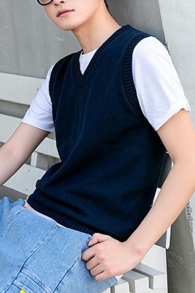 Trendy Vest Solid Color V-Neck Rib Cuffs Sleeveless Slim Fit Knit Vest for Men