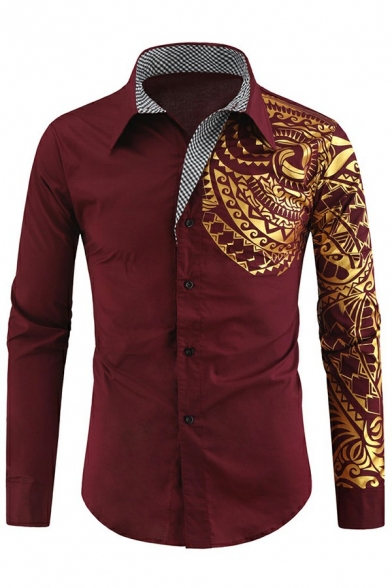 Unique Shirt Point Collar Button Up Hot stamping Print Long Sleeve Slim Fit Shirt for Men