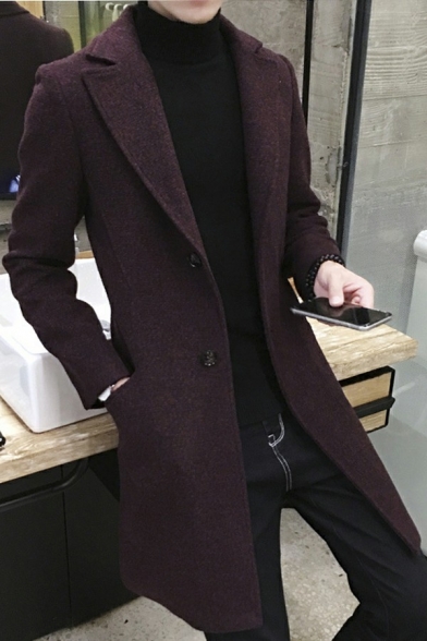Vintage Boy's Coat Pure Color Lapel Collar Slim Fitted Long Sleeves Single Breasted Pea Coat