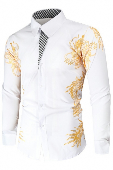 Vintage Mens Button Shirt Dragon Pattern Long-Sleeved Turn down Collar Fitted Shirt