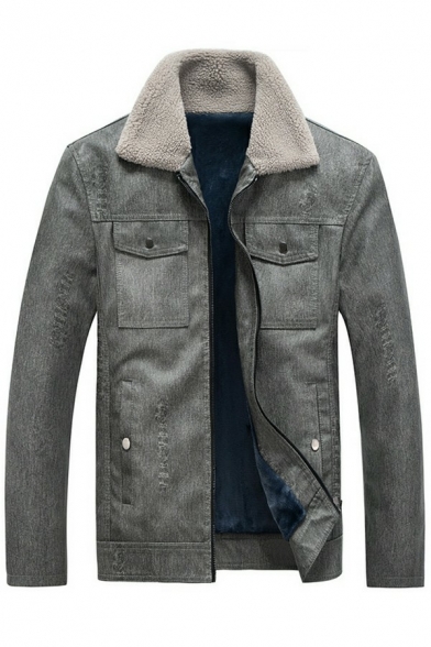 Warm Fleece Leather Jacket Chest Pocket Zip Up Long Sleeve Regular Fit Leather Jacket for Men