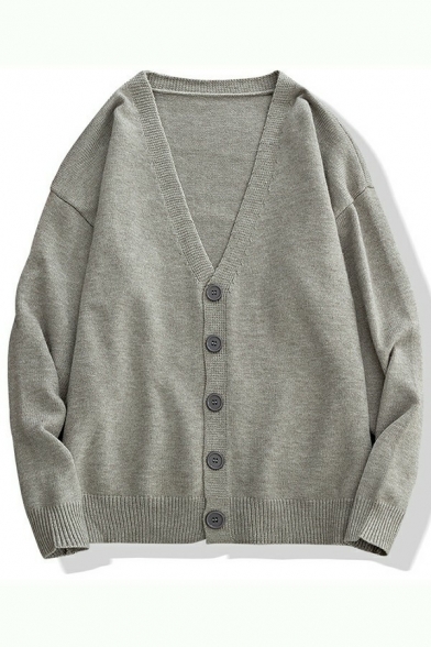 Basic Designed Cardigan Solid Button Up V-Neck Loose Fitted Long Sleeves Cardigan for Guys