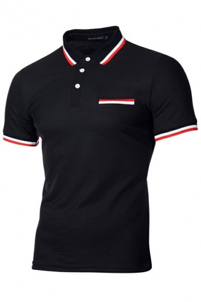 Casual Mens Polo Shirt Contraat Trim Button Detail Short Sleeve Turn down Collar Slim Polo Shirt