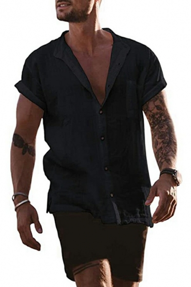 Casual Mens Shirt Pure Color Stand Collar Short Sleeve Button Closure Regular Fit Shirt