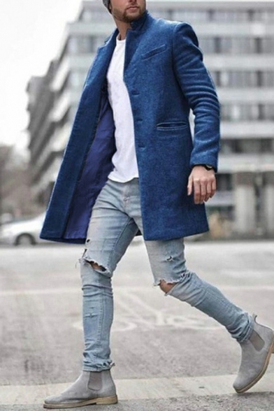 Casual Mens Woolen Coat Solid Color Single Breast Long Sleeve Stand Collar Regular Fit Coat