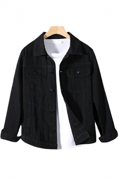 Casual Plain Men's Jacket Spread Collar Single Breasted Chest Pockets Regular Fit Denim Jacket
