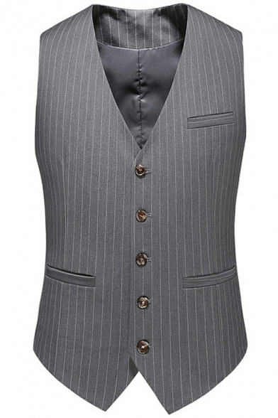 Casual Vest V-Neck Contrast Striped Hem Button Up Sleeveless Slim Fit Vest for Men
