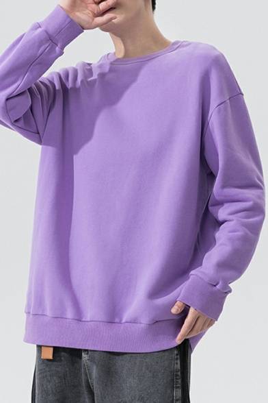 Chic Hoody Solid Color Round Neck Rib Cuffs Long-Sleeved Loose Hoody for Men