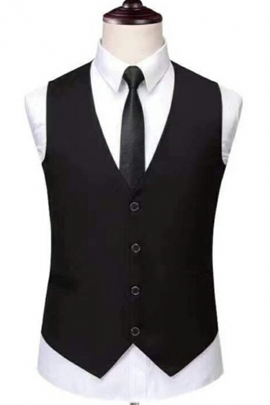 Chic Men's Suit Vest Plain Button Fly Patched V-Neck Slimming Suit Vest
