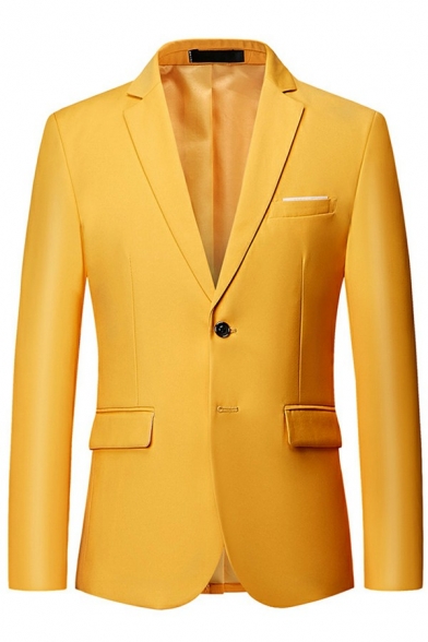Chic Solid Color Suit Button Fly Flap Pockets Split Hem Regular Fit Suit Jacket for Men