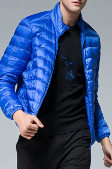 Classic Guys Down Coat Pure Color Stand Collar Zipper Closure Long-Sleeved Slim Fit Puffer Coat