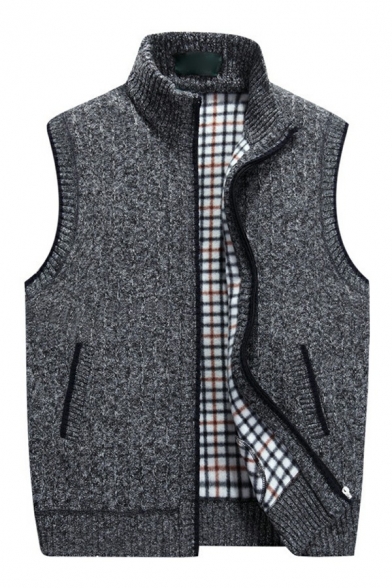 Classic Guys Knit Vest Solid Color Zipper Down Stand Collar Sleeveless Regular Fit Vest