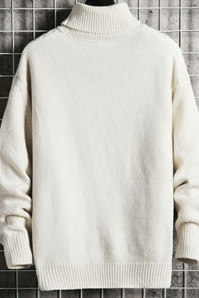 Comfy Sweater Plain High Neck Cable Knit Long Sleeve Relaxed Fit Sweater for Men