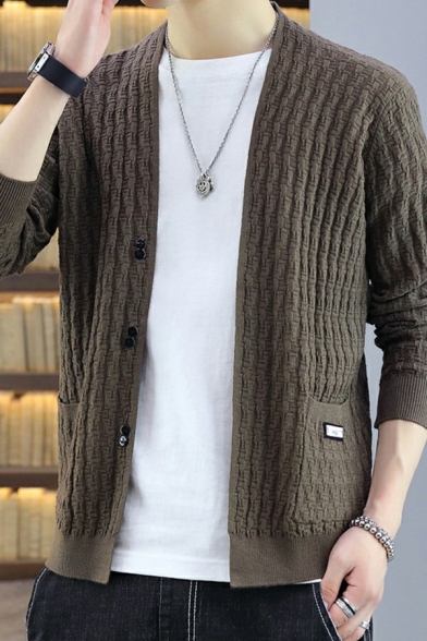 Guy's Classic Cardigan Pure Color Cable Knit Fitted Long-Sleeved Button Down Cardigan