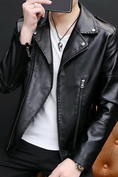 Guy's Novelty Jacket Pure Color Regular Fitted Lapel Collar Long Sleeves Zipper Leather Jacket