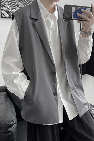 Guys Elegant Vest Pure Color Button Placket V-Neck Baggy Sleeveless Suit Vest