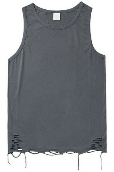 Leisure Mens Tank Pure Color Distressed Crew Neck Sleeveless Regular Fitted Tank Top