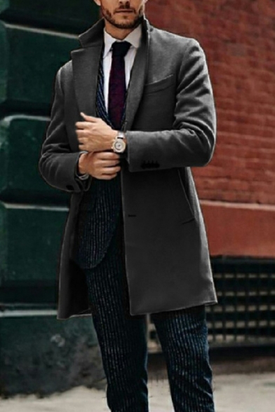 Leisure Mens Woolen Coat Solid Color Single Braest Long Sleeve Lapel Collar Fitted Coat