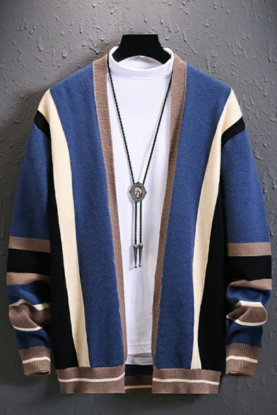 Men Casual Cardigan Contrast Color Open Front Relaxed Fit Long-sleeved Cardigan