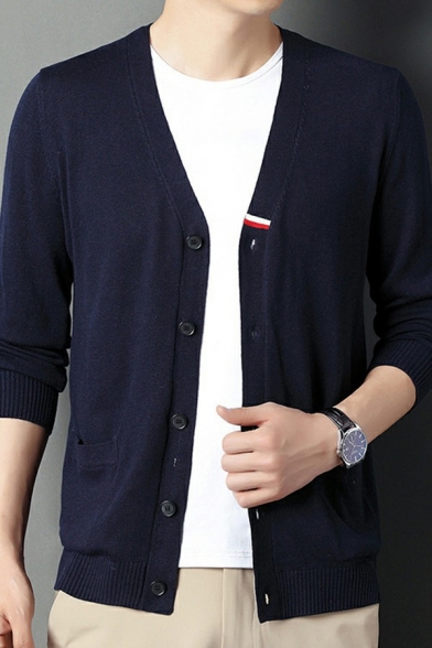 Men Hot Cardigan Solid V-Neck Button-up Long Sleeves Regular Cardigan