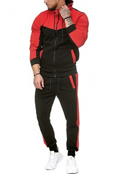 Men's Sporty Set Color Block Zipper Placket Drawstring Long Sleeve Slim Fitted Hoodie with Pants Set