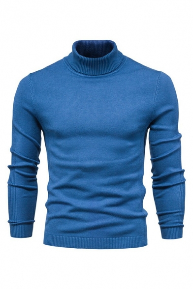 Men Unique Sweater Plain High Collar Rib Cuffs Long Sleeves Slim Fitted Sweater