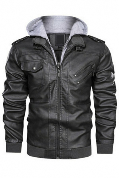 Popular Guys Jacket Plain Long Sleeves Relaxed Fitted Zipper Hooded Leather Jacket