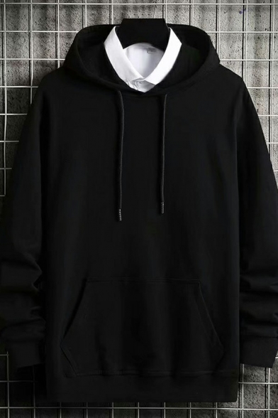 Popular Mens Drawstring Hoodie Pure Color Long-Sleeved Rib Cuffs Loose Fitted Hoodie with Pocket