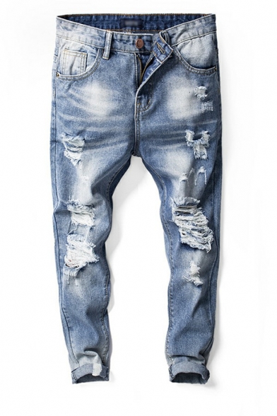 Popular Mens Jeans Solid Color Knee Broken Hole Zip Detail Mid Rise Skinny-Fit Long Length Jeans with Pockets