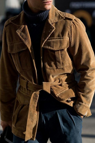Simple Jacket Solid Color Collar Pocket Detailed Long-sleeved Belt Design Jacket for Guys