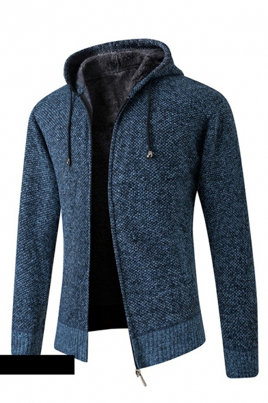 Simple Mens Cardigan Whole Colored Long Sleeve Drawstring Hooded Zip-up Cardigan