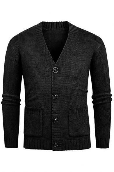 Street Look Guys Cardigan V-Neck Pocket Detail Button-up Long Sleeves Baggy Cardigan