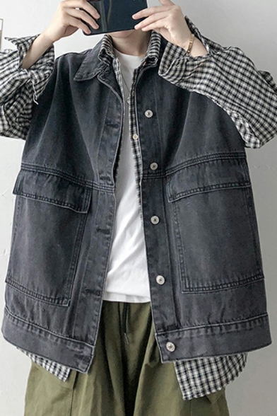 Street Look Men Vest Drop Shoulder Spread Collar Flap Pockets Button Closure Relaxed Denim Vest