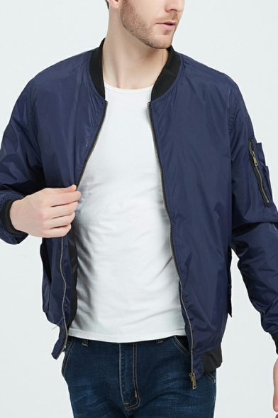 Stylish Mens Bomber Jacket Pure Color Zip Closure Long Sleeve Stand Collar Fitted Jacket