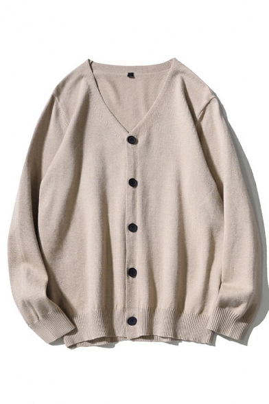 Stylish Mens Cardigan Plain Rib Cuffs Loose Fitted Long-Sleeved V-Neck Button Closure Cardigan