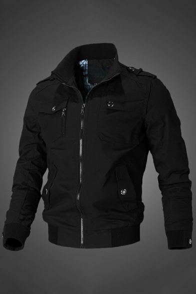 Trendy Mens Solid Color Jacket Zipper Up Stand Collar Pocket Decorated Regular Fit Casual Jacket