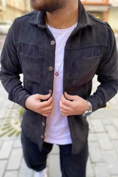 Trendy Solid Color Shirts Spread Collar Chest Pockets Button Closure Long Sleeve Fitted Shirts