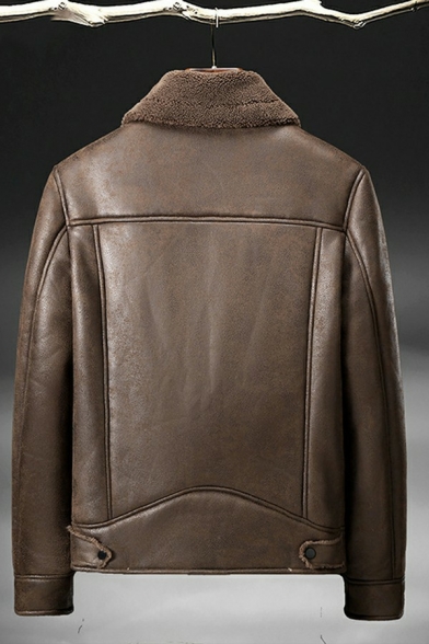 Warm Leather Jacket Pure Color Pouch Pocket Zip Up Long-Sleeved Regular Fit Leather Jacket for Men