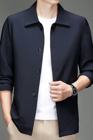 Basic Designed Mens Coat Solid Spread Collar Button Placket Long-sleeved Regular Fit Coat